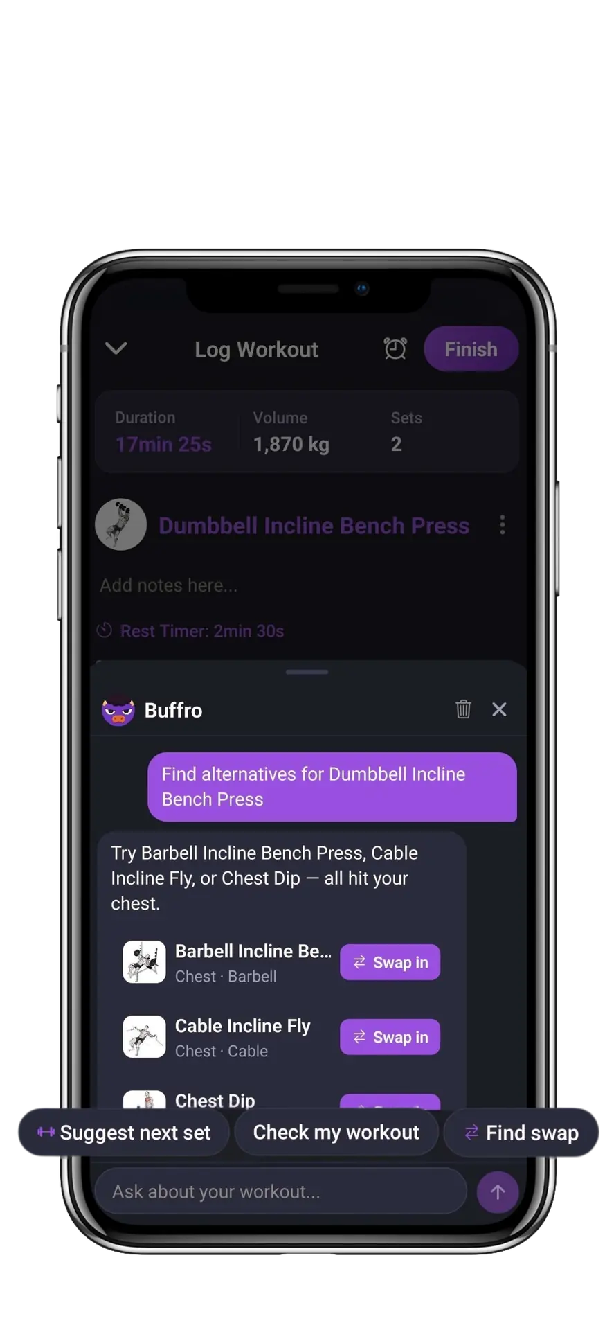 Buffro in-workout AI coach suggesting an exercise swap